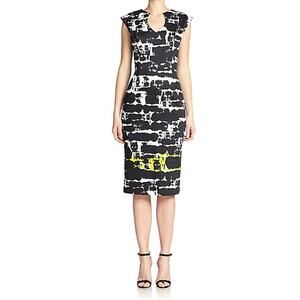 Black Halo Jazelle Abstract Print Yellow Accent on the Hem Pencil Dress